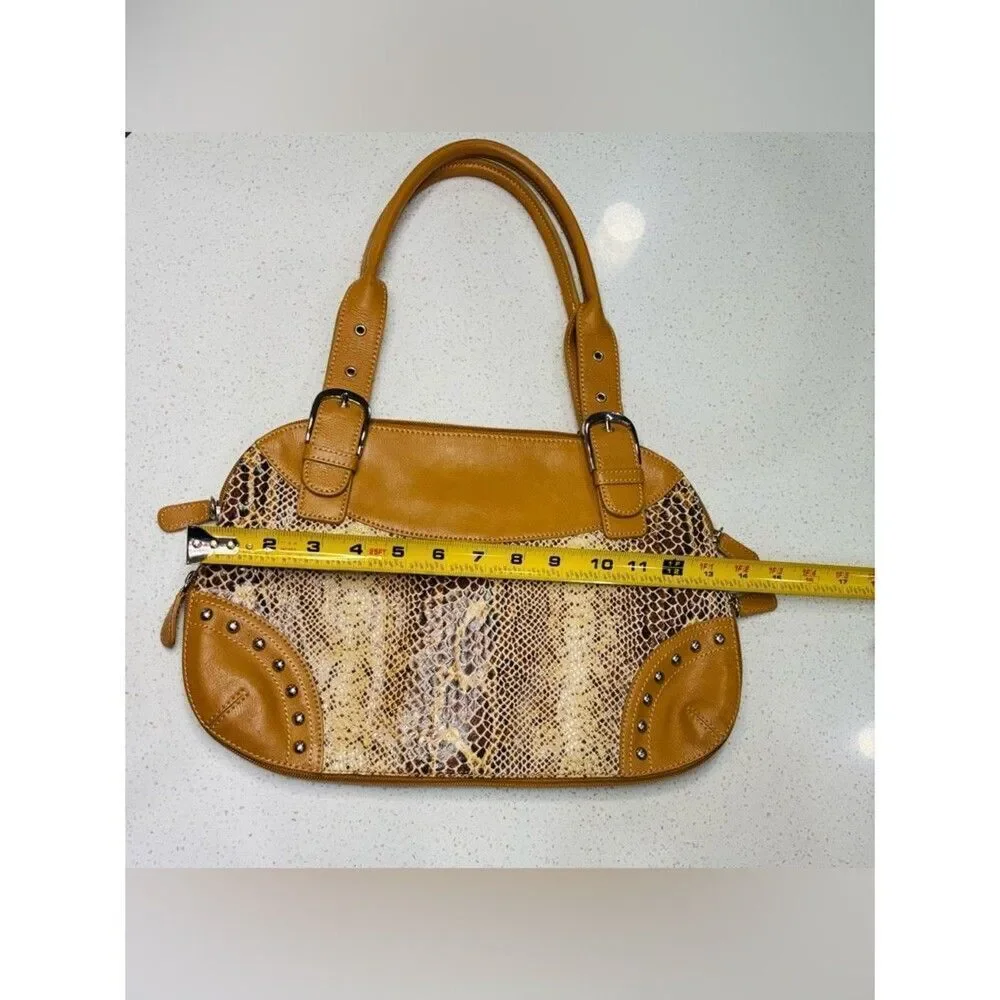 Sharif Studio Tan Snakeskin Embossed Satchel Studded Handbag Medium EUC